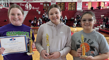 Ages 10-11 Girls division winners, from left: Ruthie Schumacher – Our Saviour (1st place), Addi Fuhler – Winchester (2nd place) and Kenzington Dillabough – Franklin (3rd place).