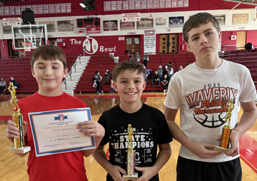 Ages 12-13 Boys division winners, from left: Nic Lawson – Winchester (1st place) Kade Brown – Winchester (2nd place) and Landon Sampson – Franklin (3rd place).